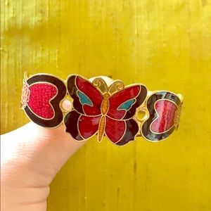 Vintage Butterfly Bracelet Bangle, Cloisonne Enamel Metal Butterfly Cuff, Butter